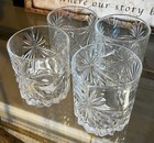 4 PC Star Palm Cut Etched CRYSTAL LOWBALL Old Fashioned Clear Glass 12oz SET — photo 1