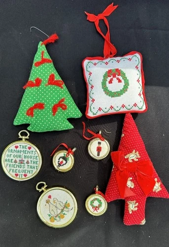 Vintage Handmade Needlepoint Cross Stitch Christmas Ornament Lot -S56
