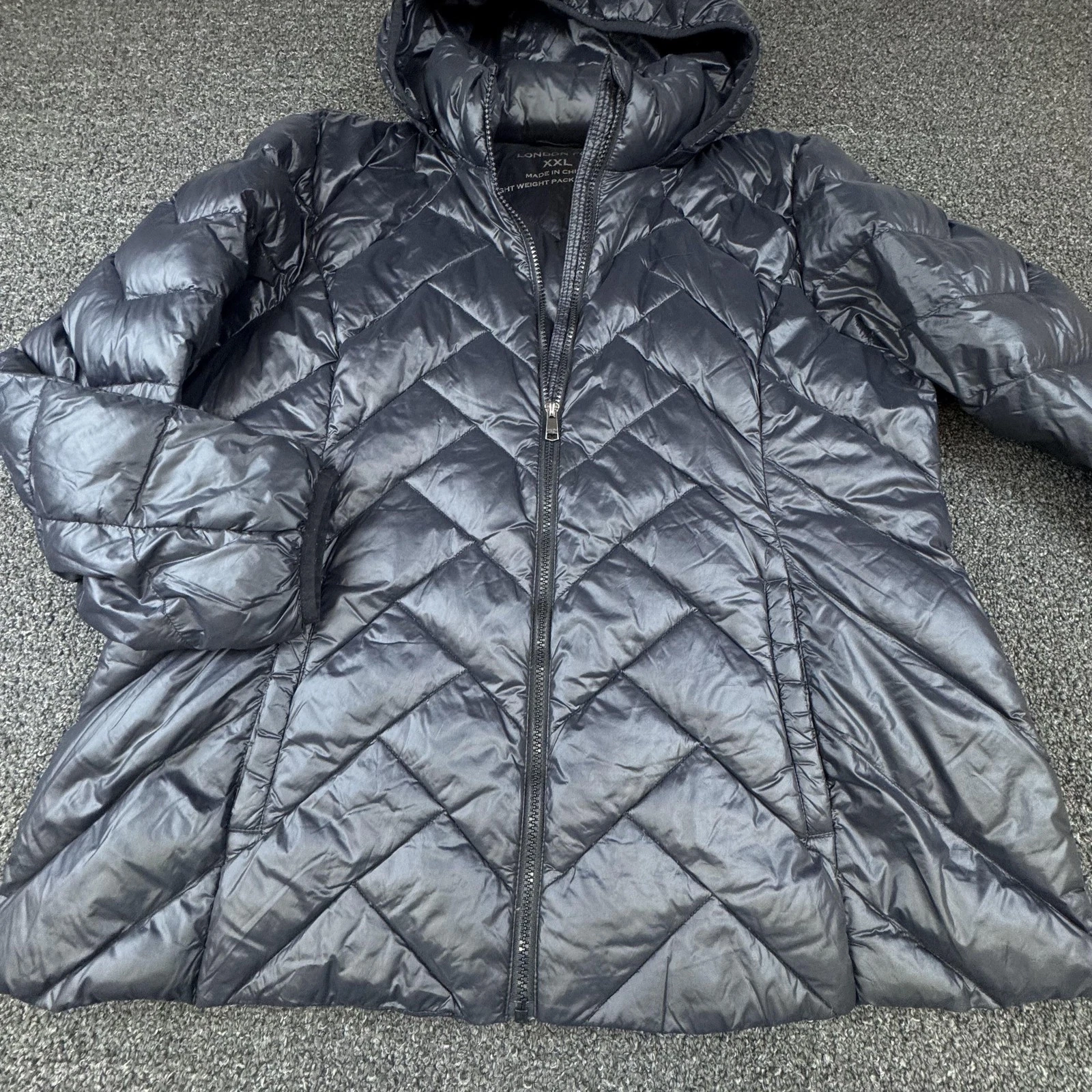 London Fog Jacket Mens 2XL Black Puffer Hooded Insulated Packable Down Nylon