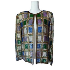 Vintage with Tags Laurence Kazar Silk Sequin Beaded Plaid Jacket Medium Large