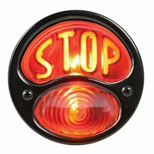 Black 12v Duolamp Tail Light W Amber Stop Script On Red Glass Lens Black 12v Duolamp Tail Light W Amber Stop Script On Red Glass Lens