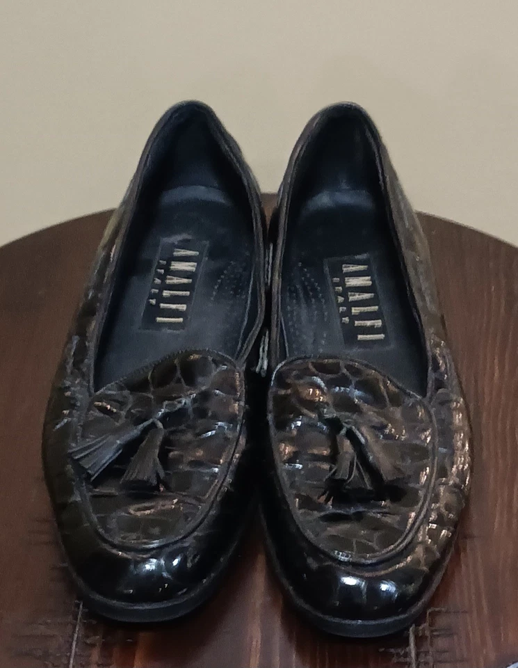 Zapatos Mocasines Planos De Colección Amalfi Para Mujer Negro Cuero Italiano Sin Cordones Hechos en Italia 7.5 Foto 2 de 4