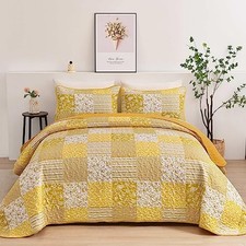 Boho Quilt Set Size,3 Pieces Plaid Floral Bedspread Coverlet Set King Yellow