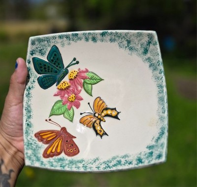 Handmade Studio Pottery Square Plate Raised Rim Butterfly Designs