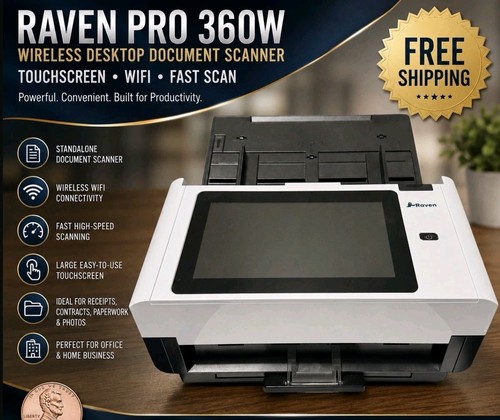Raven Pro 360W Wireless Desktop Document Scanner Touchscreen WiFi Fast Scan