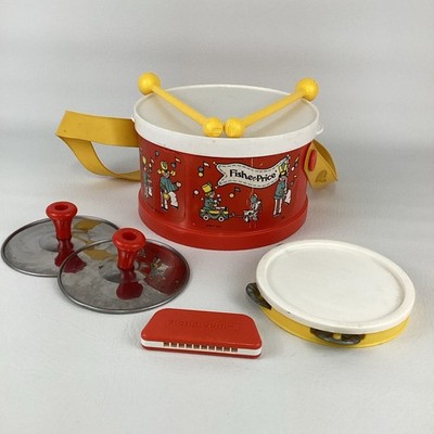 Fisher Price Marching Band Drum Set Cymbals Harmonica Tambourine Vintage 1979