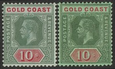 GOLD COAST 1913 KGV 10/- 2 shades olive back. wmk Multi crown.
