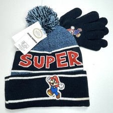 NWT SUPER MARIO Knit Stocking Hat Gloves Blue Red Toddler Size