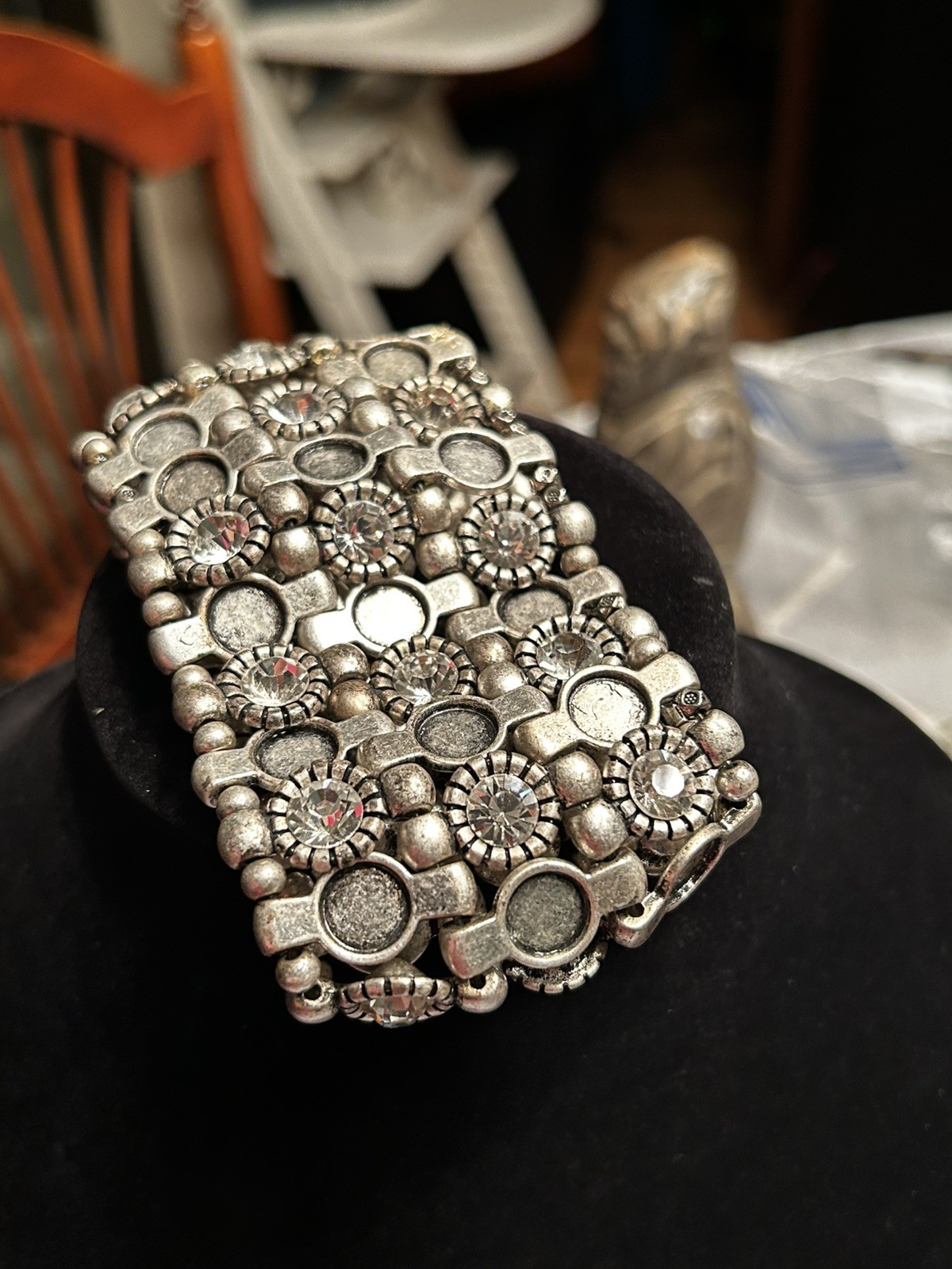 Statement Chunky Crystal Bracelet Silver Tone Str… - image 2