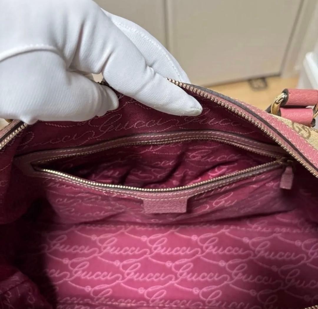 GUCCI GG Canvas Boston Bag Pink Beige Leather Trim Authentic Made in Italy thumbnail 7