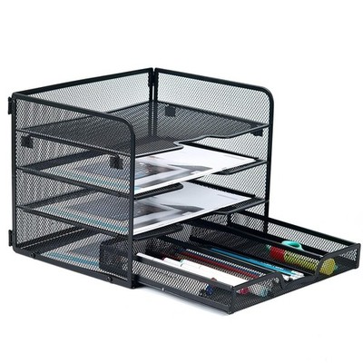4 Tier Mesh Paper Letter Tray,Desk File Organizer with A Sliding Drawer,Offic...