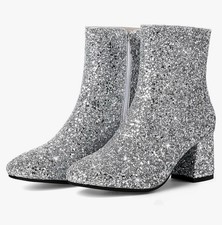 Silver Glitter Ankle Bootie Block Heel Zip Round Toe Synthetic Sequin Design