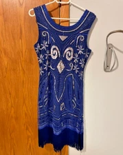 Women’s Blue and Silver Sequined Flapper Dress Knee-Length with Fringe Size M 