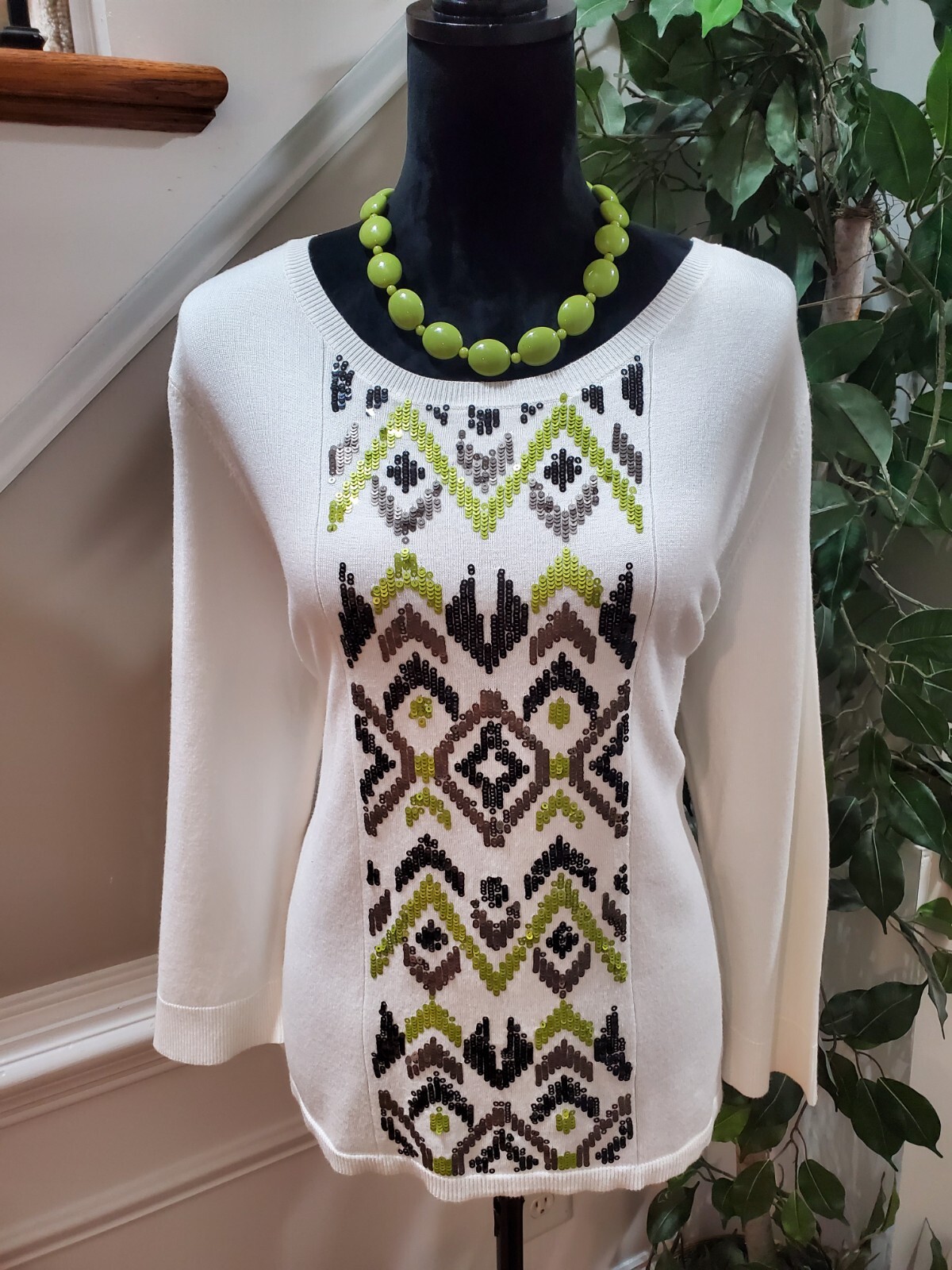 Ruby Rd. Sequin Panel White Rayon Round Neck Long… - image 2