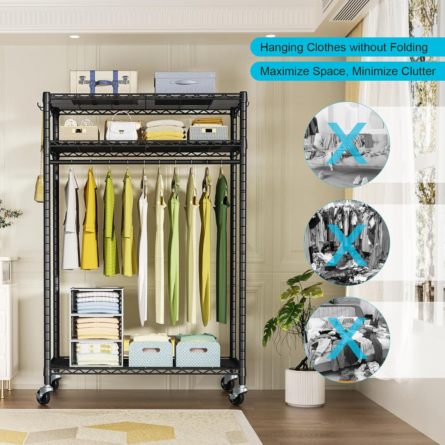 P3 plus Rolling Clothes Rack, Clothing Racks for Hanging Clothes, Heavy Duty Gar