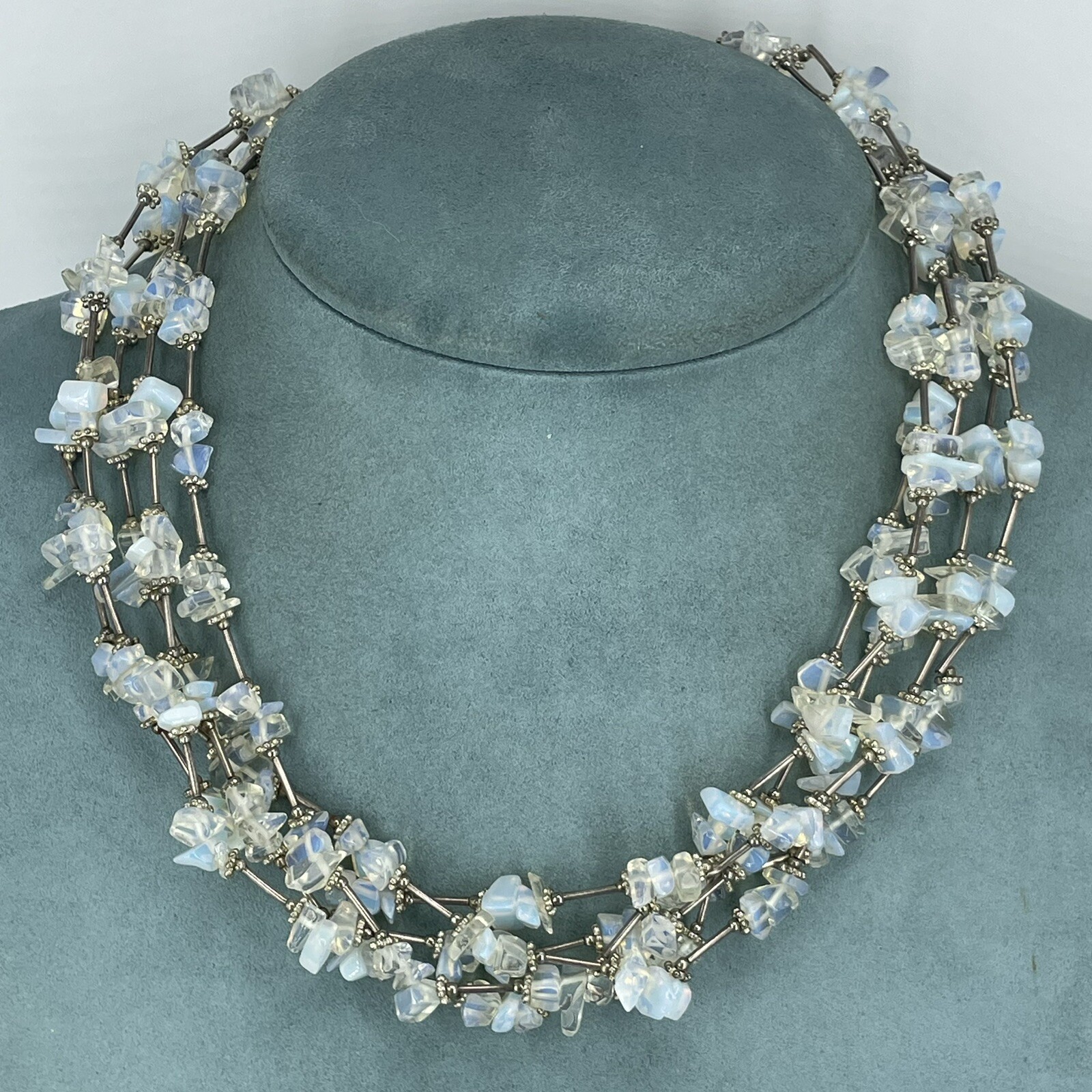 opalite chip necklace multi-layer silver plated b… - image 1