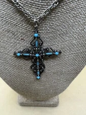 Vtg Roma Victorian Revival Filigree Petit Point Faux Turquoise Cross Necklace