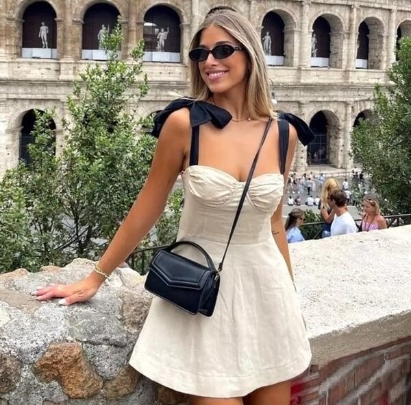 zara bow dress BLOGGER FAVE!!❤️ZARA LINEN COTTON SS24 RUFFLED SHORT BOW DRESS LIGHT BEIGE  sz XS
