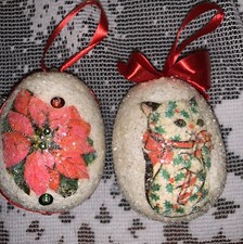Decoupage Sugared Egg XMAS Ornaments CAT DOG STOCKING POINSETTIA Handmade Vtg