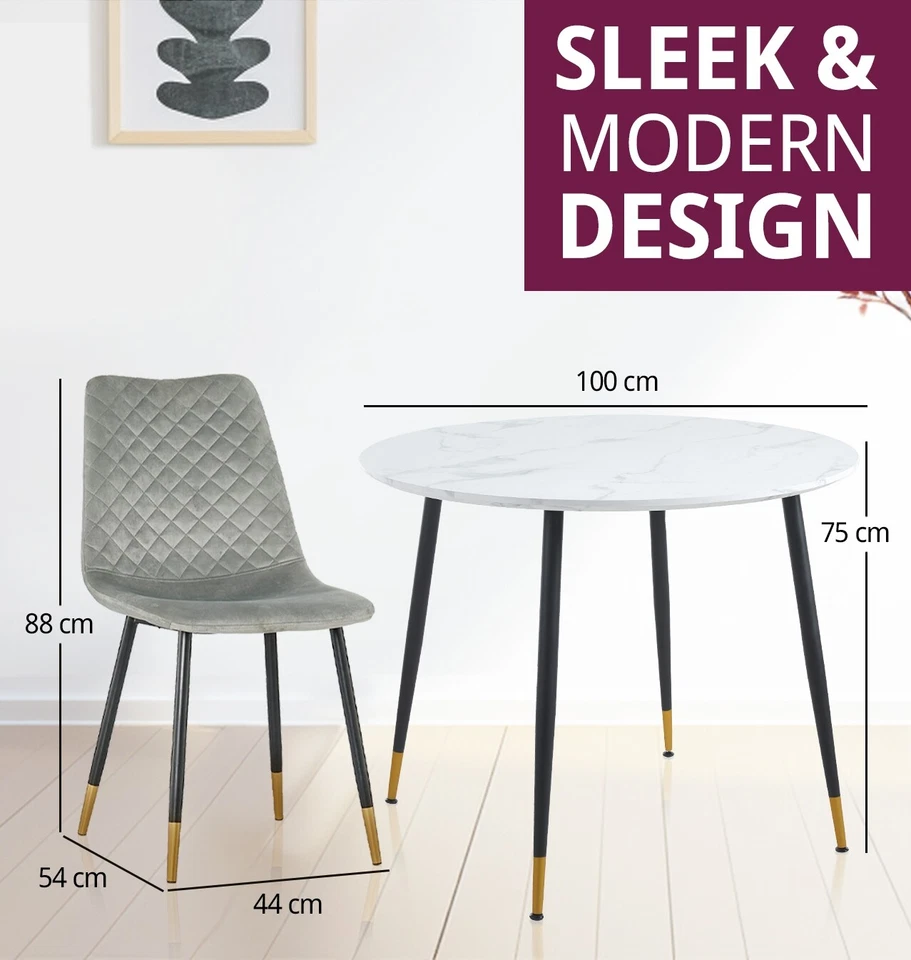Dining Set, Small Marble Top Round Kitchen Table and 4 Grey Fabric Dining Chairs - Image 3 of 4