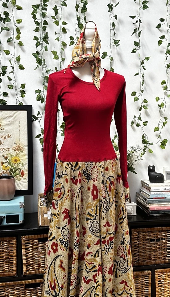 Maxi Vestido Vera Maxwell Vintage Años 70 Traje de Velocidad Rojo Marrón Mod Boho Hippy XS/S Foto 4 de 4