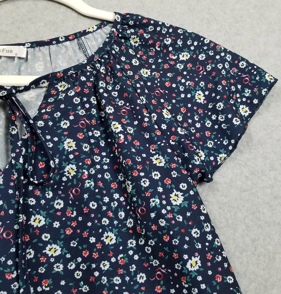 Простой весело верхний женщин маленький цветочный коротким рукавом блузка весна лето легкий - Изображение 3 из 4