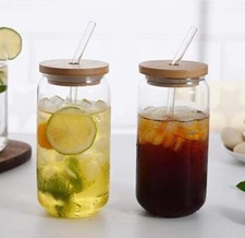 Glass Smoothie Iced Coffee Cup With Glass Straw And Bamboo Lid NEXT DAY DISPATCH