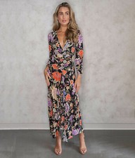 New Rixo Rose Peony Flora Black Backless Ruffle Front Maxi Dress Sz S M L