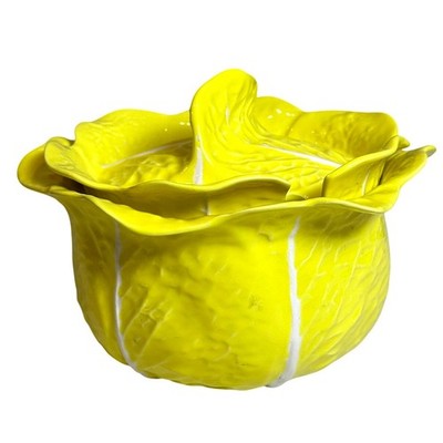 Secla Portugal Majolica Yellow Cabbage Pottery Soup Tureen/Lid-Mid