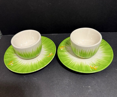 Set of 2 Pottery Barn Ceramic Egg Cups Grass Chick Pattern.    2 Sets Available