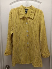 Ali Miles Sz. XL Artsy Tunic Top Lemon-lime W/Black Lines Button Front