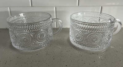 Embossed Mandala Pattern Clear Glass Coffee Tea Mugs Cups 14oz Set of 2