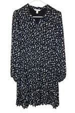 Nine West Women’s Small Black White Animal Print Pleated Long Sleeve Dress