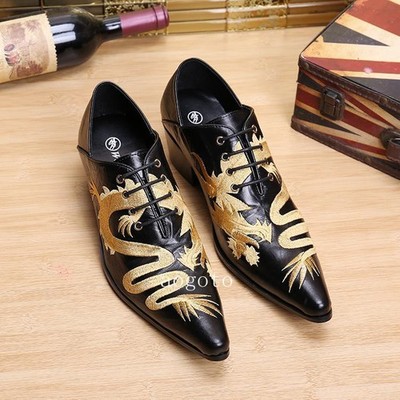 Mens British Pointy Toe Embroidery Dragon Dress Business Lace Up on Casual Shoes