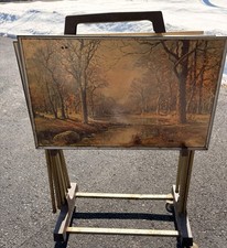 Vintage Landscape TV Tray Set with Stand, Wood & Metal, Rectangle