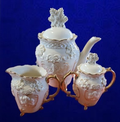 Footed Coffee/Tea Pot, Cream & Double Handle Sugar Bowl with Lid Snowflake Motif