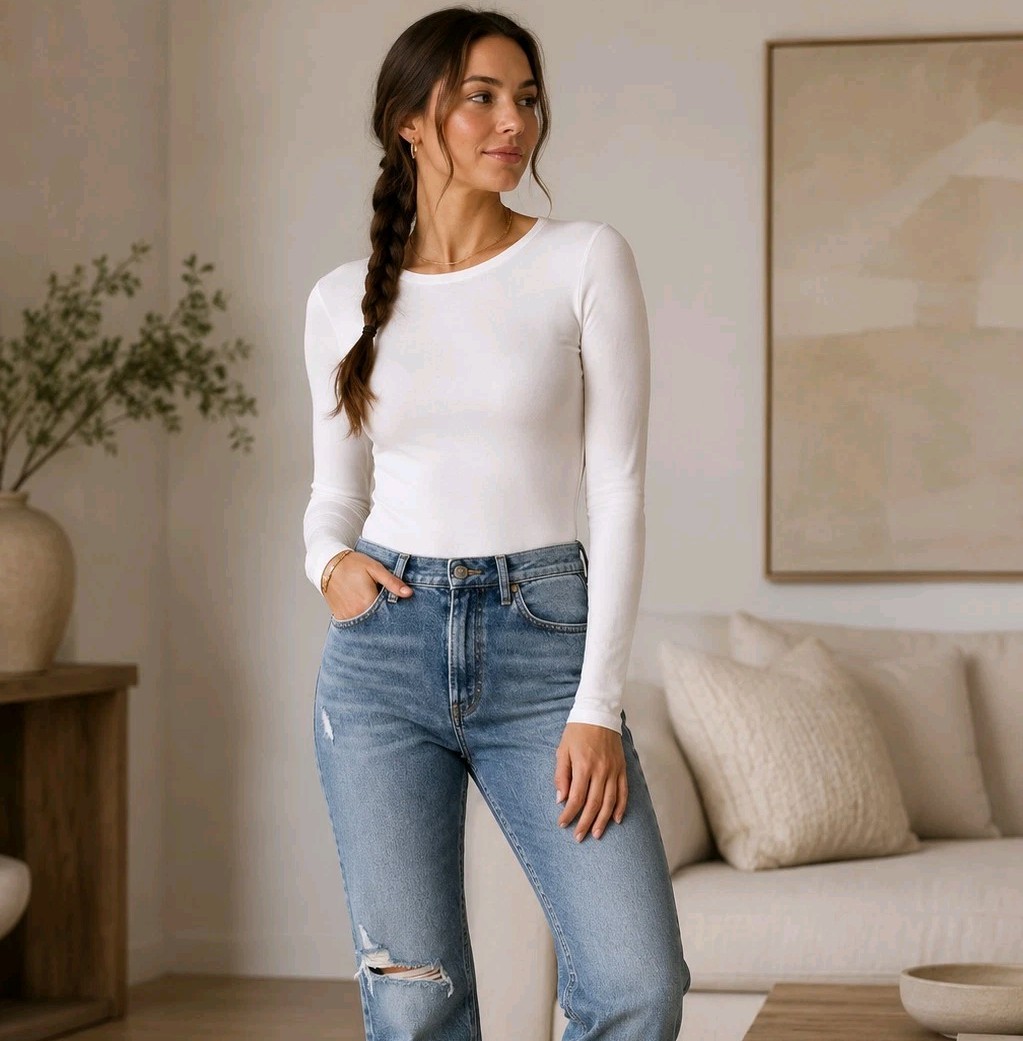 AGOLDE Leila White Long Sleeve Ribbed Crew Neck Bodysuit Minimalist Women's XS