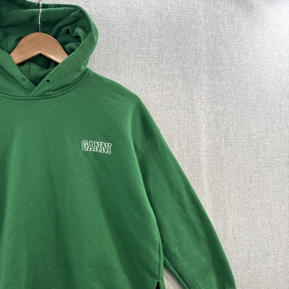 GANNI Hoodie Pullover Medium Green Pockets Sweatshirt French Terry Logo Adult - Image 3 of 4