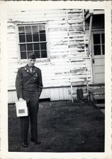 WW2 Photo of Two Soldiers in Winter Uniform Outside Barracks