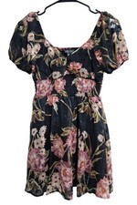 NWT Lily Rose Size XS Black Floral Puff Sleeve Smocked Dress
