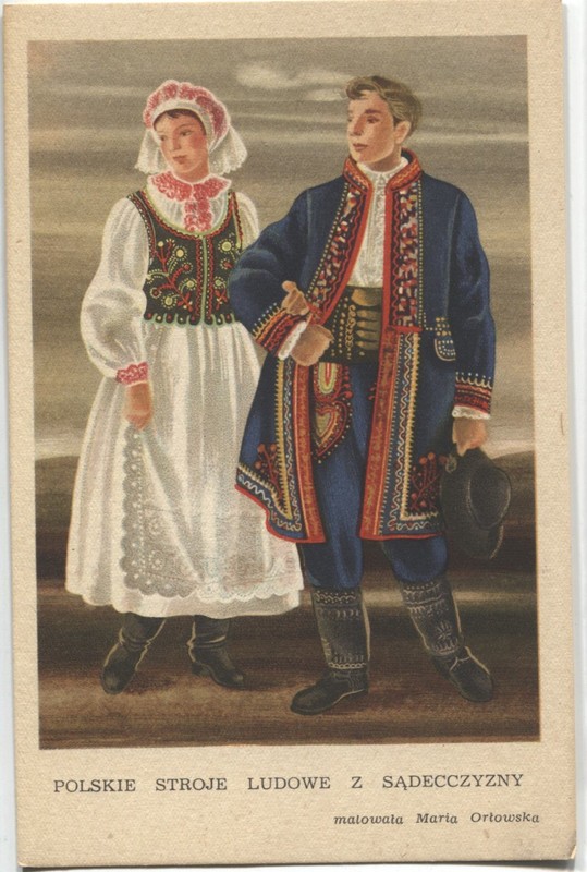 POSTCARD Poland folk costumes ethnic type Nowy Sacz embroidered coat blouse art