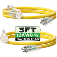 2 Pack 3 Ft 12/3 Outdoor Extension Cord Waterproof Heavy Duty With Lighted Indic