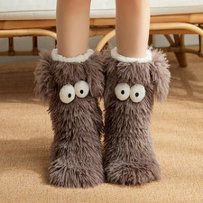 Women Fuzzy Puppy Slipper Socks Fluffy Cartoon Eyes Ears Warm Winter Cozy Indoor