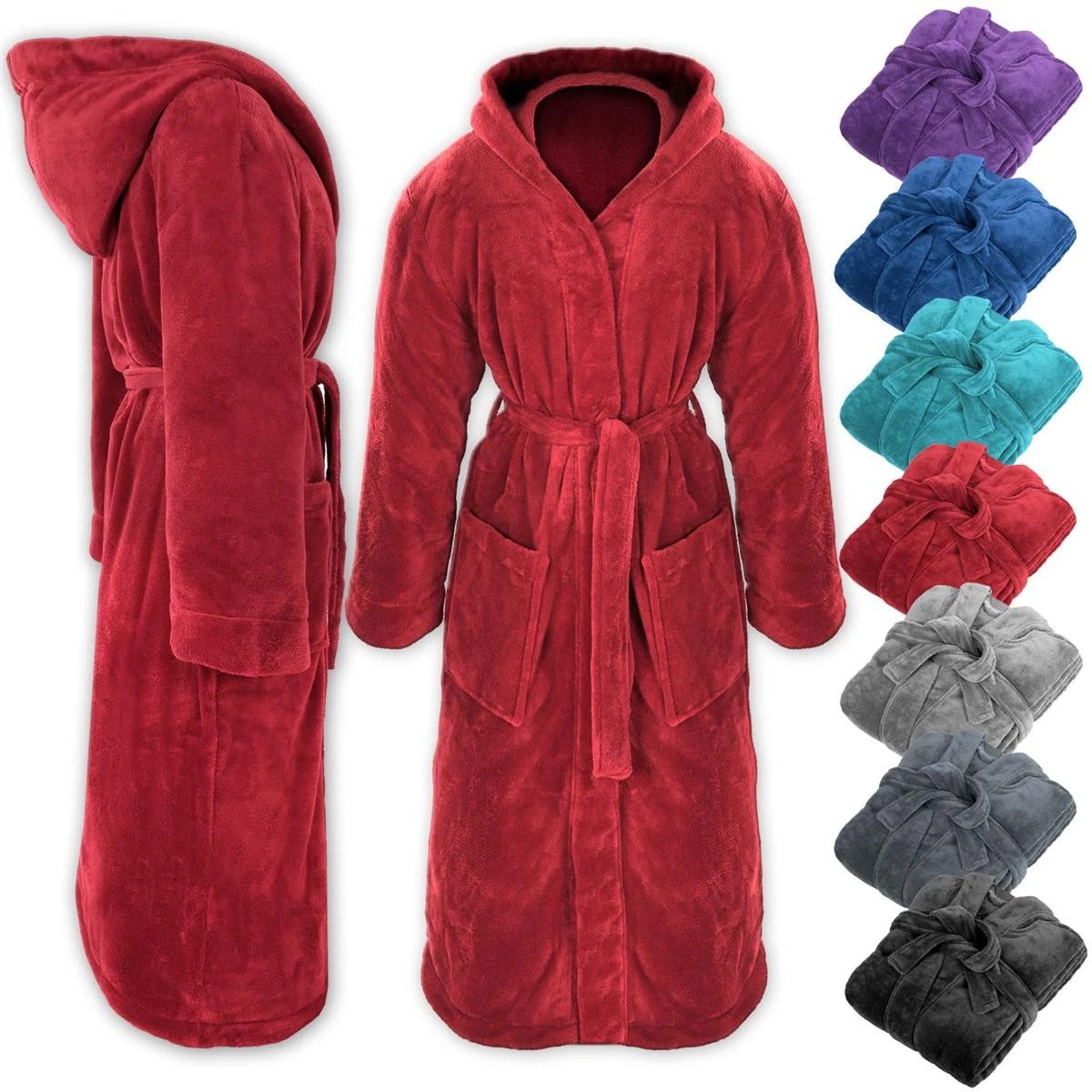 Bademantel mit Kapuze Kuschelfleece S-3XL Morgenmantel Saunamantel Unisex