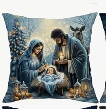 NATIVITY SCENE MANGER Christmas Linen Throw Pillow Cover Winter Holiday Decor