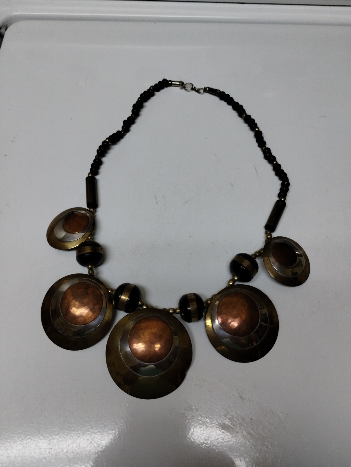 Brass & Copper Circle Statement Necklace Woven Bo… - image 3