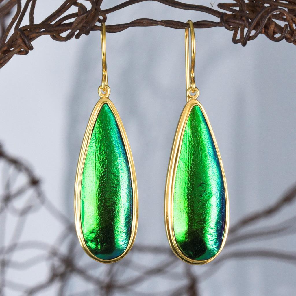 Green Jewel Beetle Wing Earrings in Gold Vermeil & Sterling Silver Handmade 5.85g-image