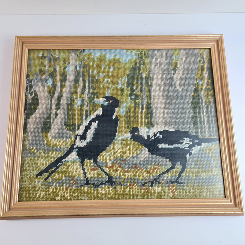 Framed Vintage Cross Stitch Needlepoint Two Magpies in Forrest 42cm x 34cm - Picture 8 of 10
