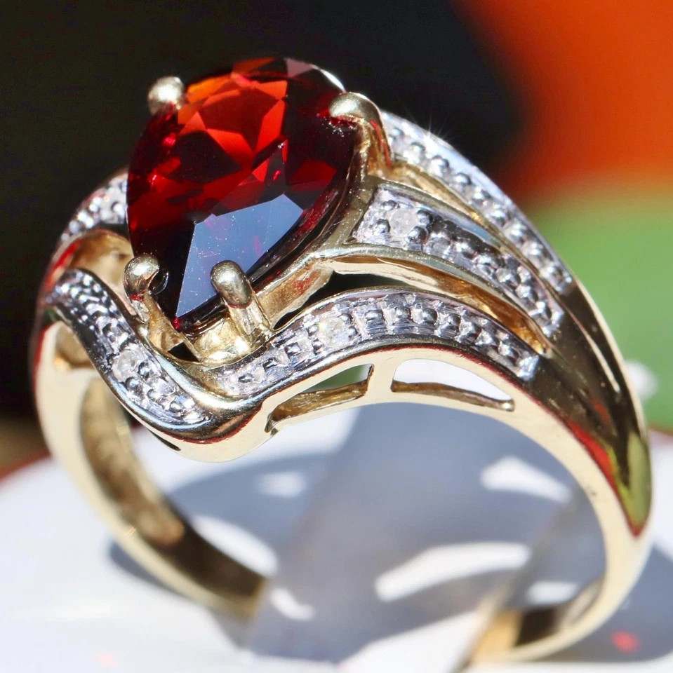 Anillo oro amarillo 14k 3.31ct Mozambique granate diamante talla 10 vintage 4.7gr N3000C Foto 3 de 4
