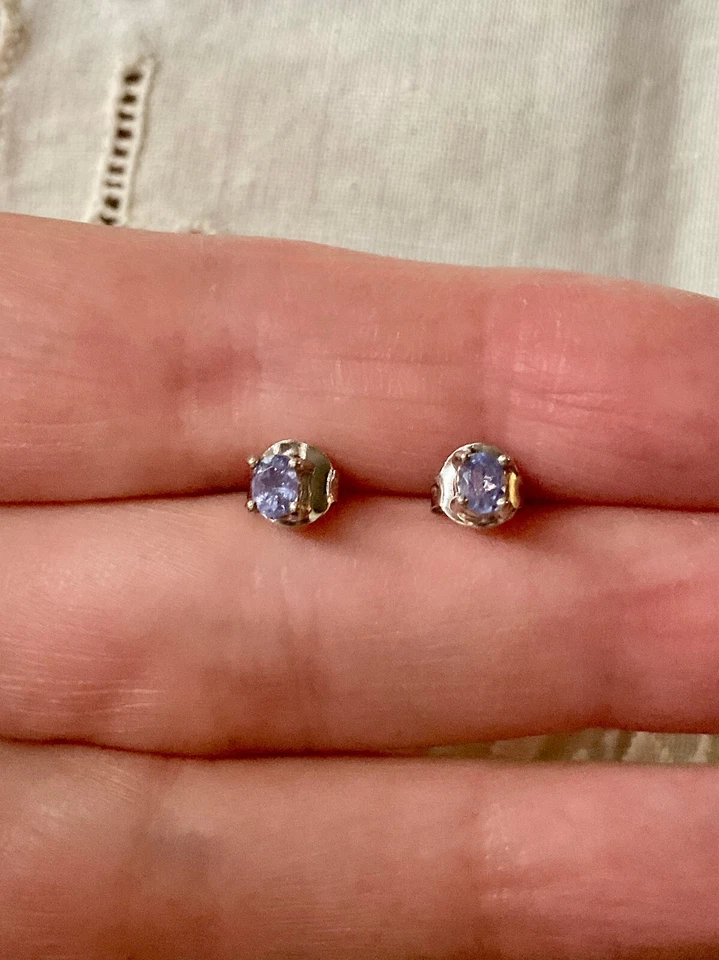 ANCIENNES BOUCLES D'OREILLES OR BLANC ARGENT MASSIF -TANZANITES VÉRITABLES - Photo 2/4